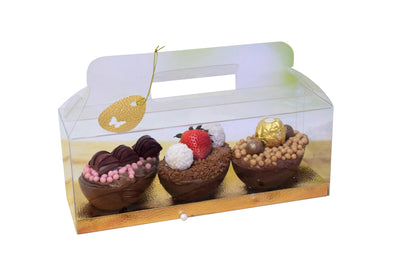 Διάφανο κουτί με χερούλι και βάση για 3 σοκολατένια αυγά χρυσό δέρμα