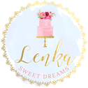 Lenka Sweet Dreams logo. Pastel blue and pink logo with gold detail featuring a cake with flowers