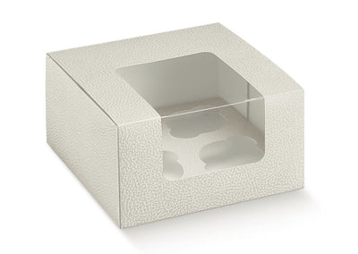 Κουτί λευκό δέρμα με παράθυρο και λευκό ένθετο για 4 cupcakes