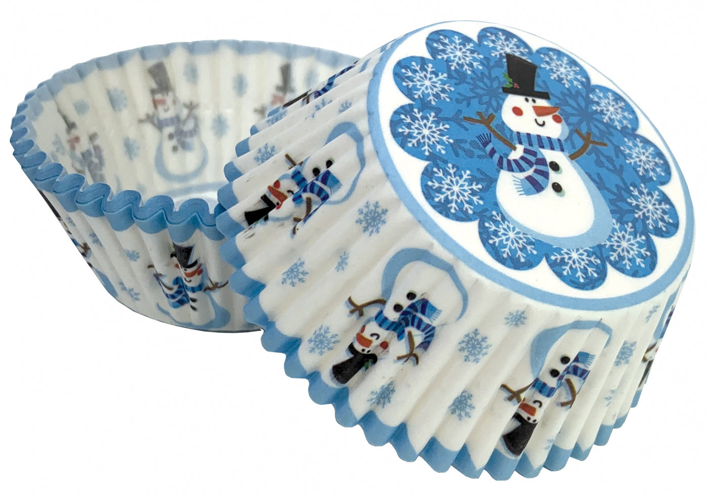 Χάρτινα κυπελάκια χριστουγεννιάτικα για cupcakes λευκά γαλάζια με χιονάνθρωπο 50 τεμ