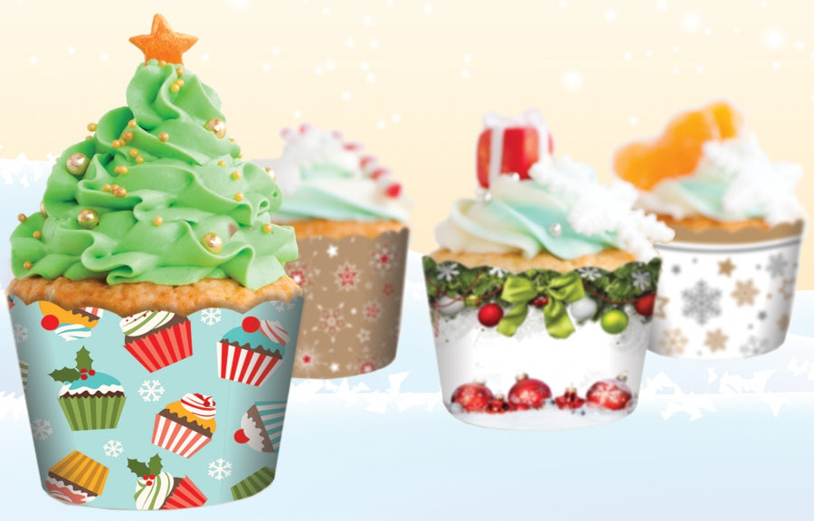 Θήκες Ψησίματος Cupcakes γαλάζιες με σχέδιο χριστουγεννιάτικα δεντράκια 24τεμ - Lenka Sweet Dreams